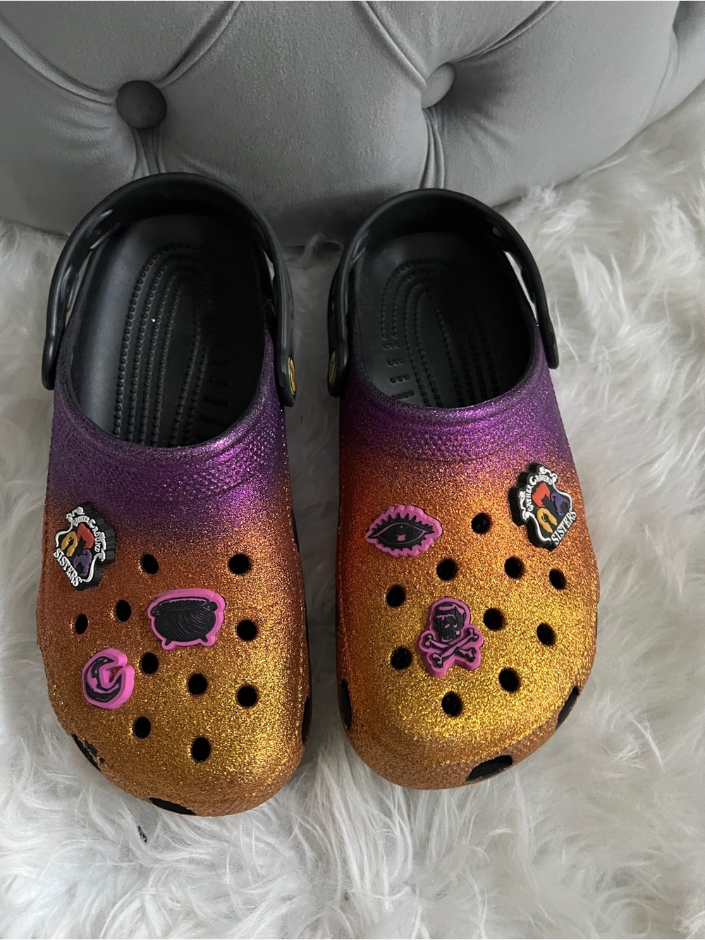 CROCS Glitter Ombre Mules in Purple and Gold